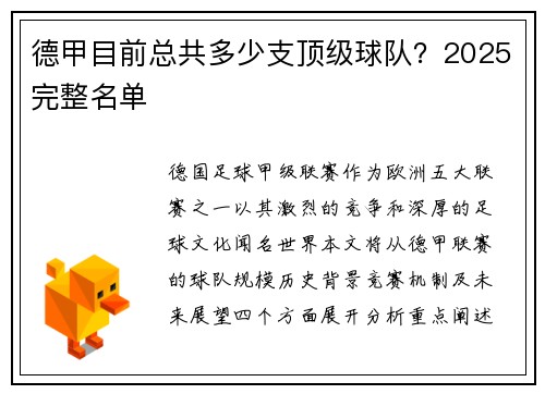 德甲目前总共多少支顶级球队？2025完整名单