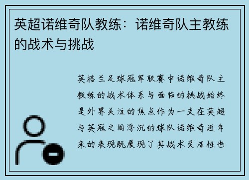 英超诺维奇队教练：诺维奇队主教练的战术与挑战