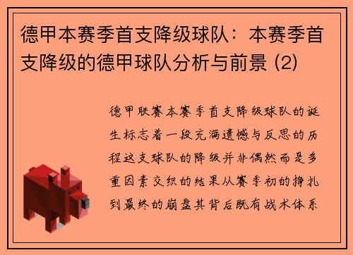 德甲本赛季首支降级球队：本赛季首支降级的德甲球队分析与前景 (2)